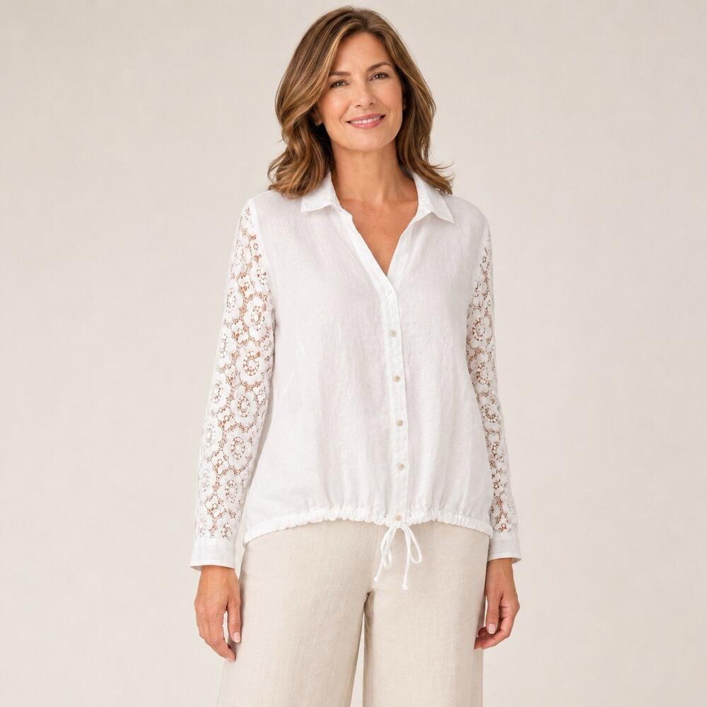 J Jill Linen Shirt 1X White Button Down Lace Sleeve Coastal Lagenlook
